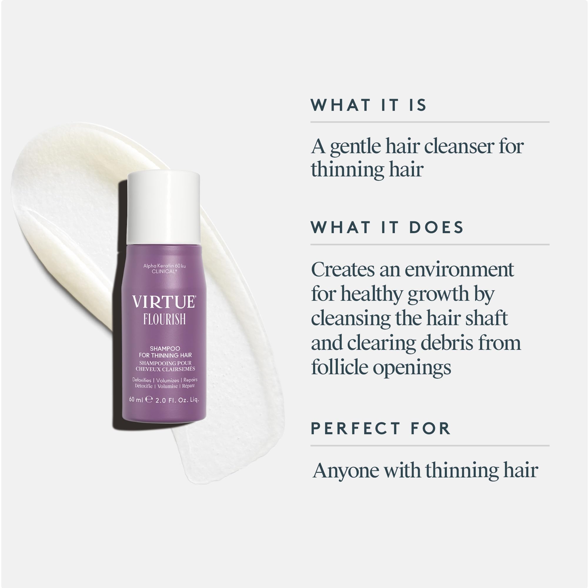 Virtue Flourish shampoo being applied with hands for lightweight detangling.