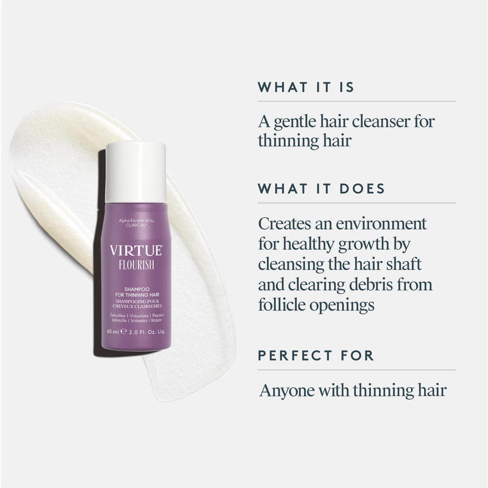 Virtue Flourish shampoo being applied with hands for lightweight detangling.