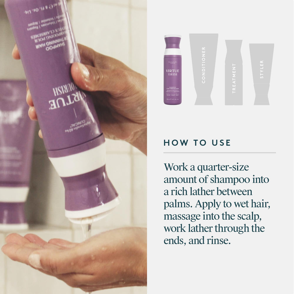 Virtue Flourish ingredients panel notes silicone-free and paraben-free formulation.