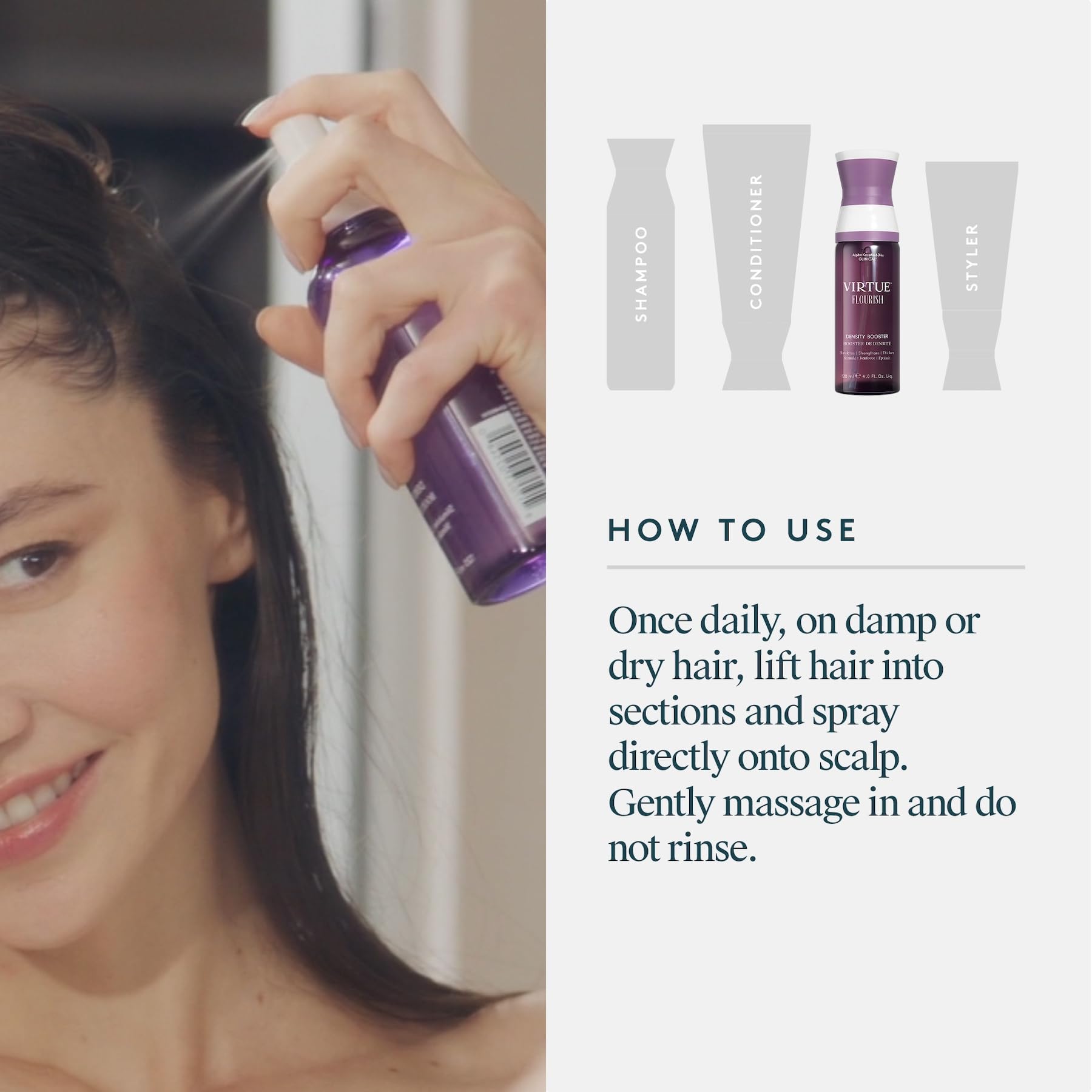 Virtue Flourish silicone-free, paraben-free profile promotes a clean scalp.