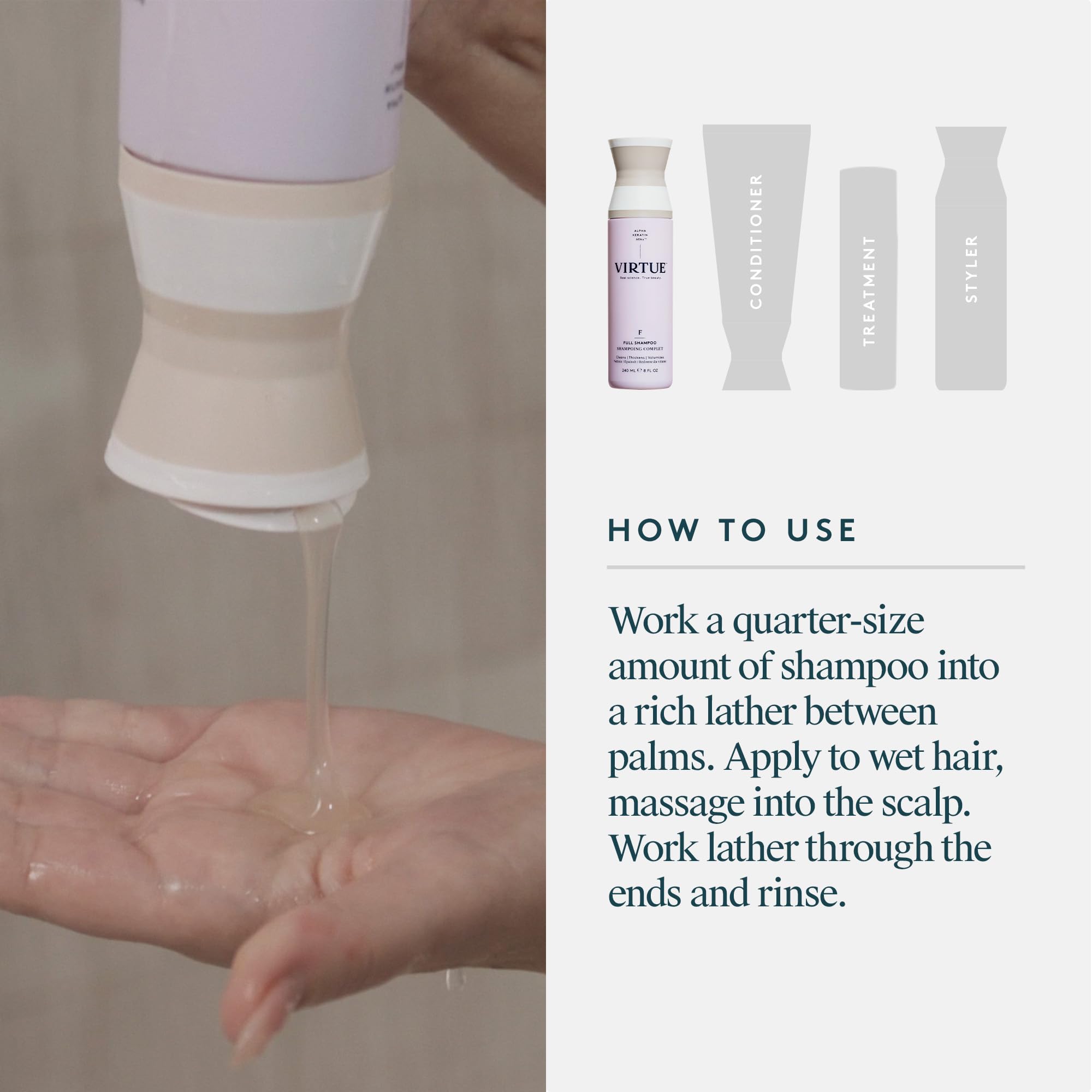 VIRTUE Full Shampoo bottle shot for premium bathroom display