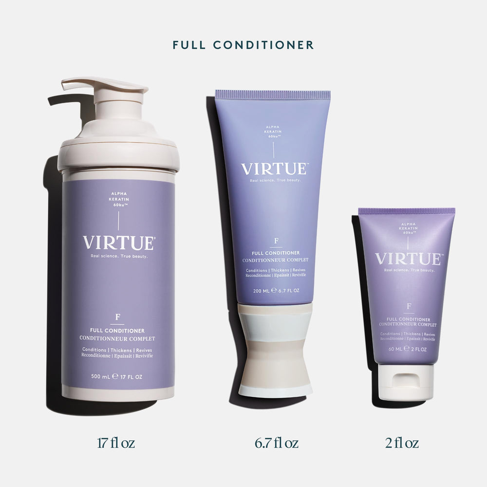 Before and after image showing volume boost from VIRTUE conditioner.