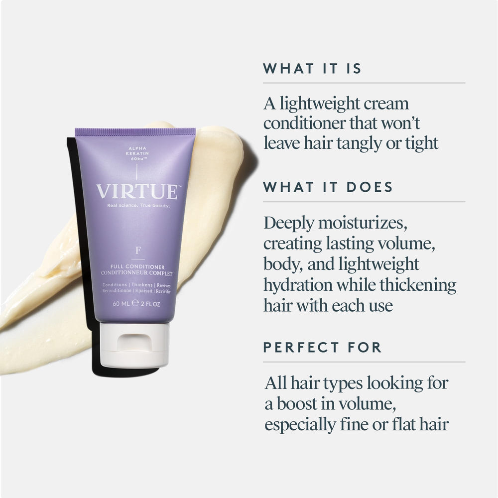 Shiny, lustrous strands from VIRTUE Full Volumizing Conditioner.