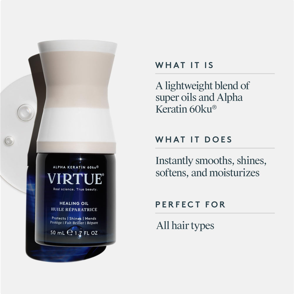 VIRTUE Healing Oil with Alpha Keratin 60ku close-up highlights healing proteins