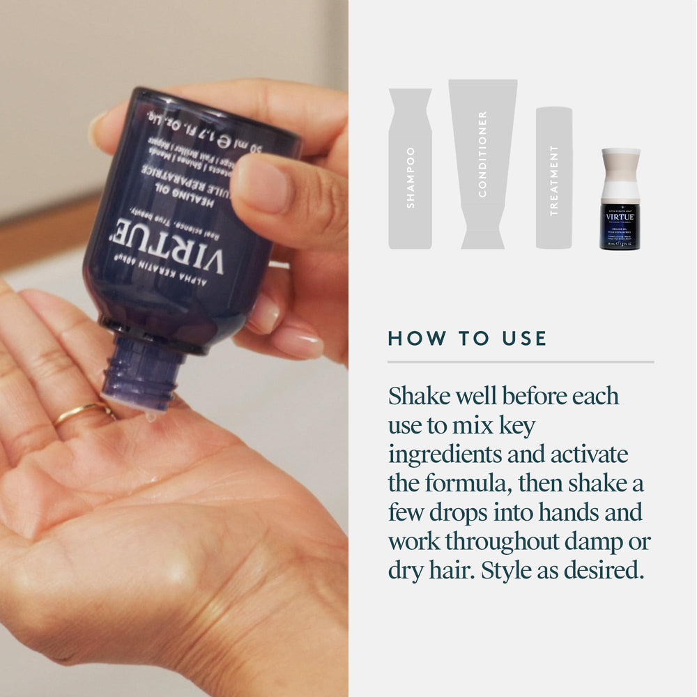 VIRTUE Healing Oil Home Away Set glossy finish adds shine without weighing hair down.