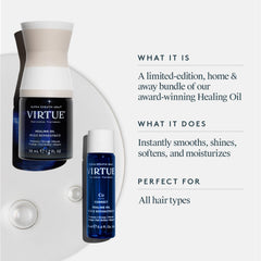 VIRTUE Healing Oil Home Away Set pour demonstrates controlled application for mid-lengths and ends.