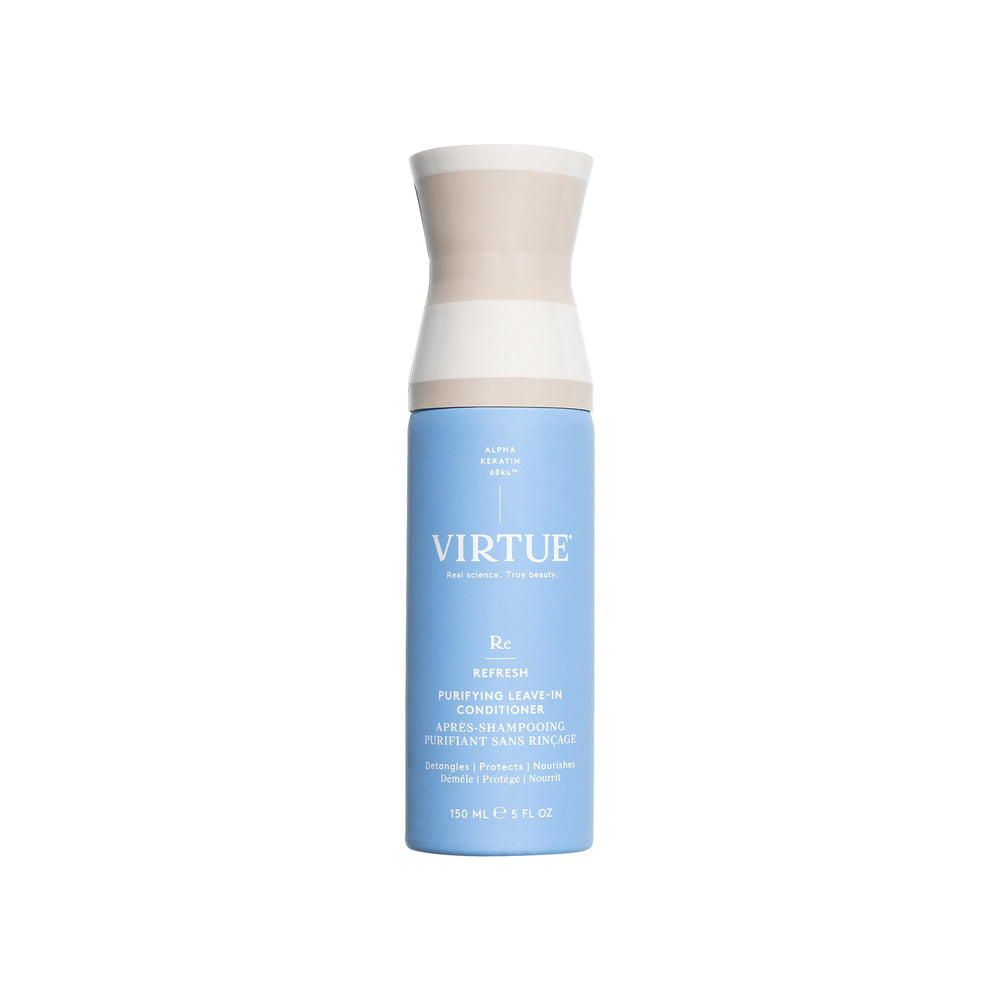 VIRTUE Purifying Leave-In Hair Conditioner Spray bottle for detangling and lightweight moisture.