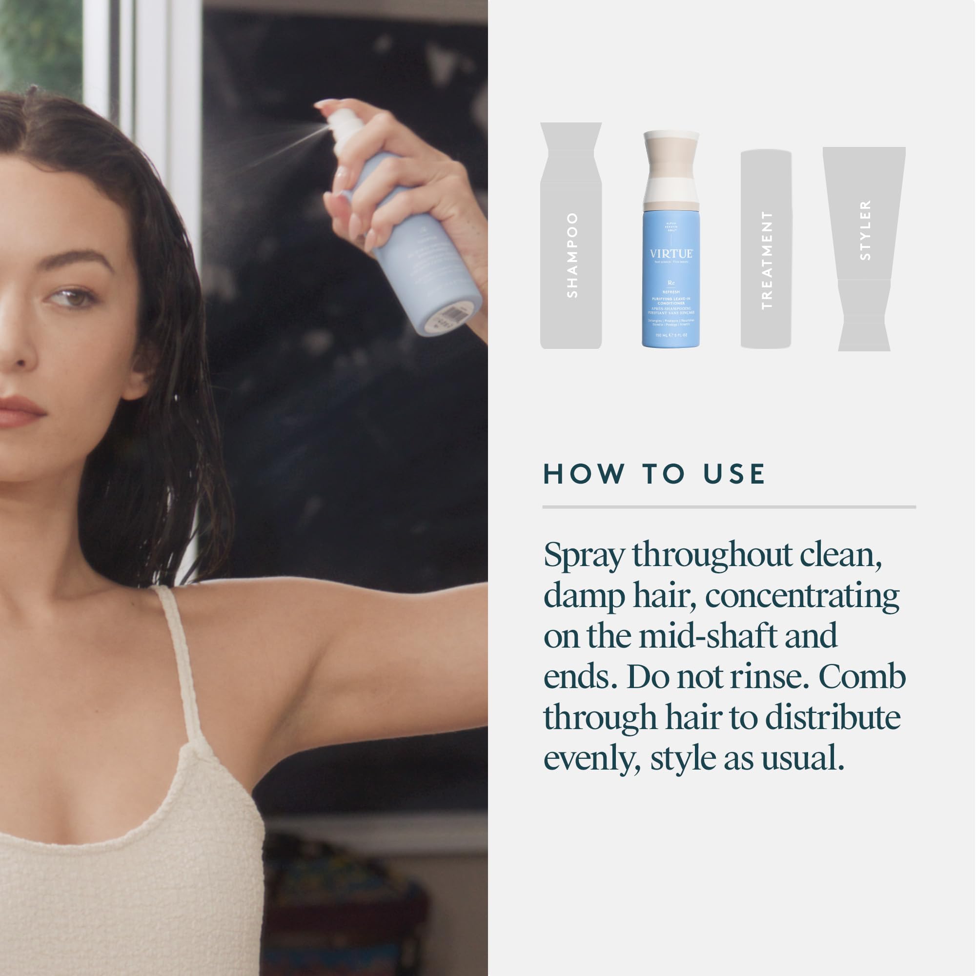VIRTUE Purifying Leave-In Conditioner bottle with color-safe claim supports chemically treated hair.