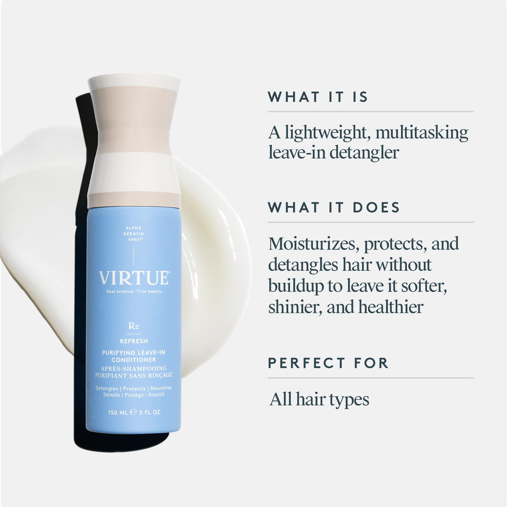 VIRTUE Purifying Leave-In spray mist being poured shows quick, even coverage for frizz control.