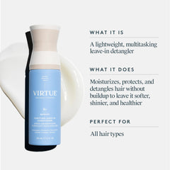 VIRTUE Purifying Leave-In spray mist being poured shows quick, even coverage for frizz control.