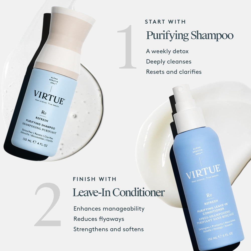 VIRTUE Purifying Leave-In Hair Conditioner Spray on brush shows smoother, more manageable hair.