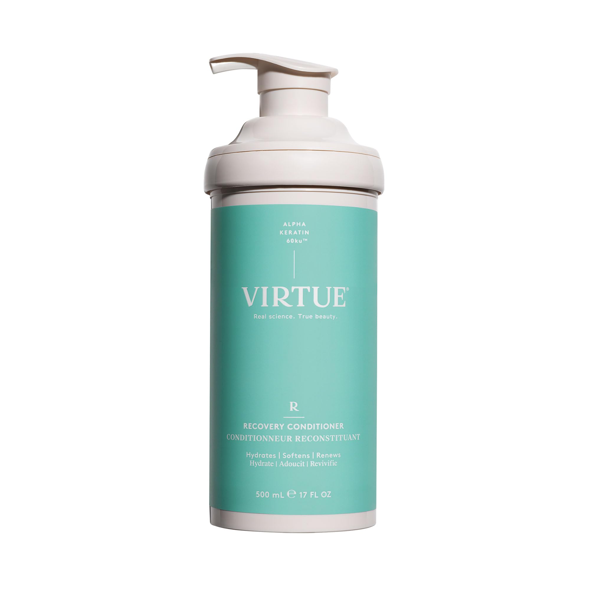 Virtue Recovery Conditioner bottle front highlights keratin-infused formula for damaged hair protection and smoother ends.