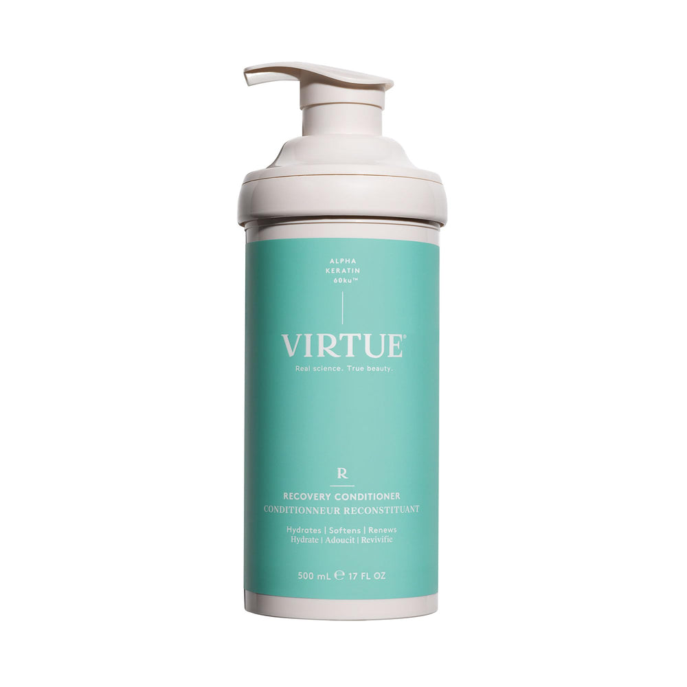 Virtue Recovery Conditioner bottle front highlights keratin-infused formula for damaged hair protection and smoother ends.