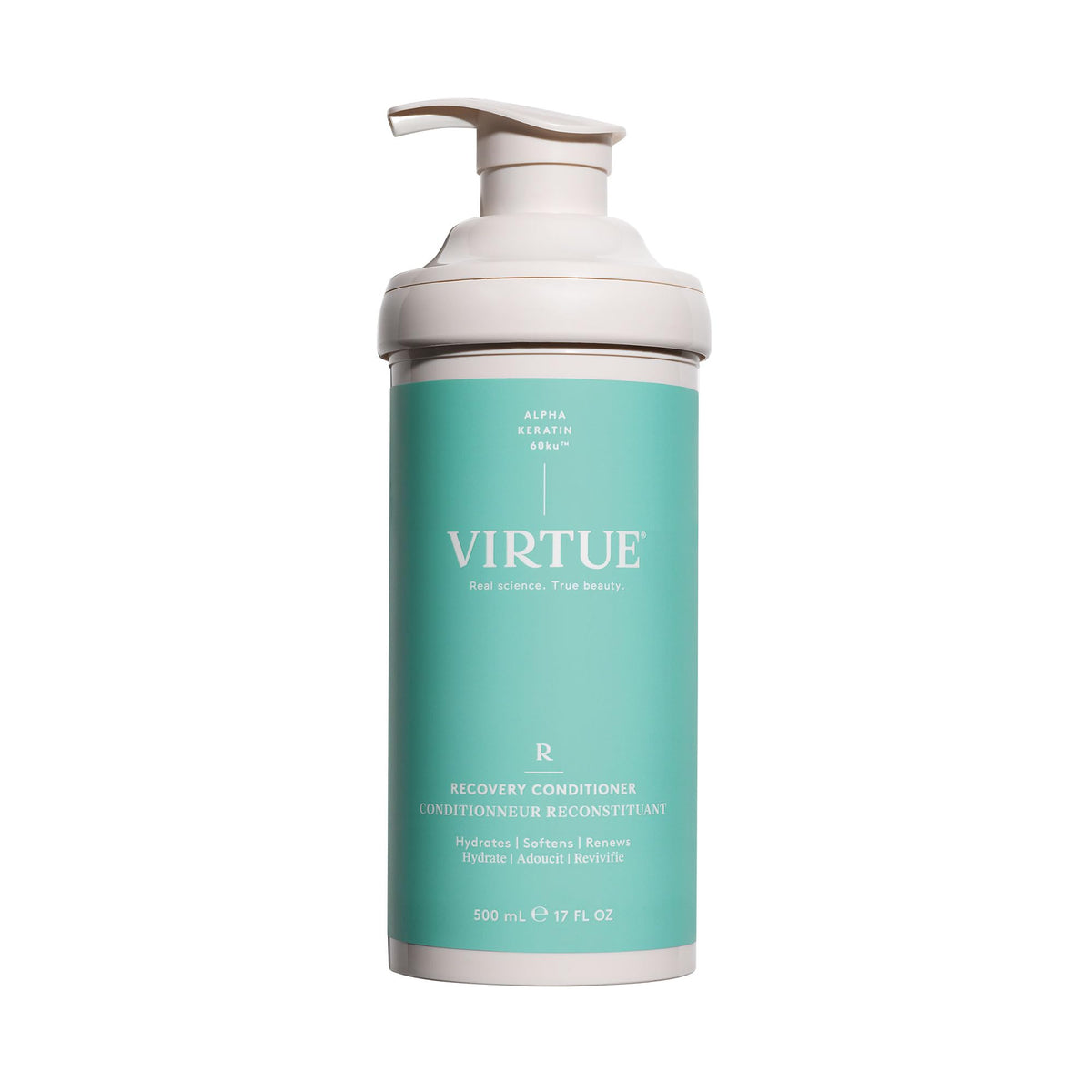 Virtue Recovery Conditioner bottle front highlights keratin-infused formula for damaged hair protection and smoother ends.