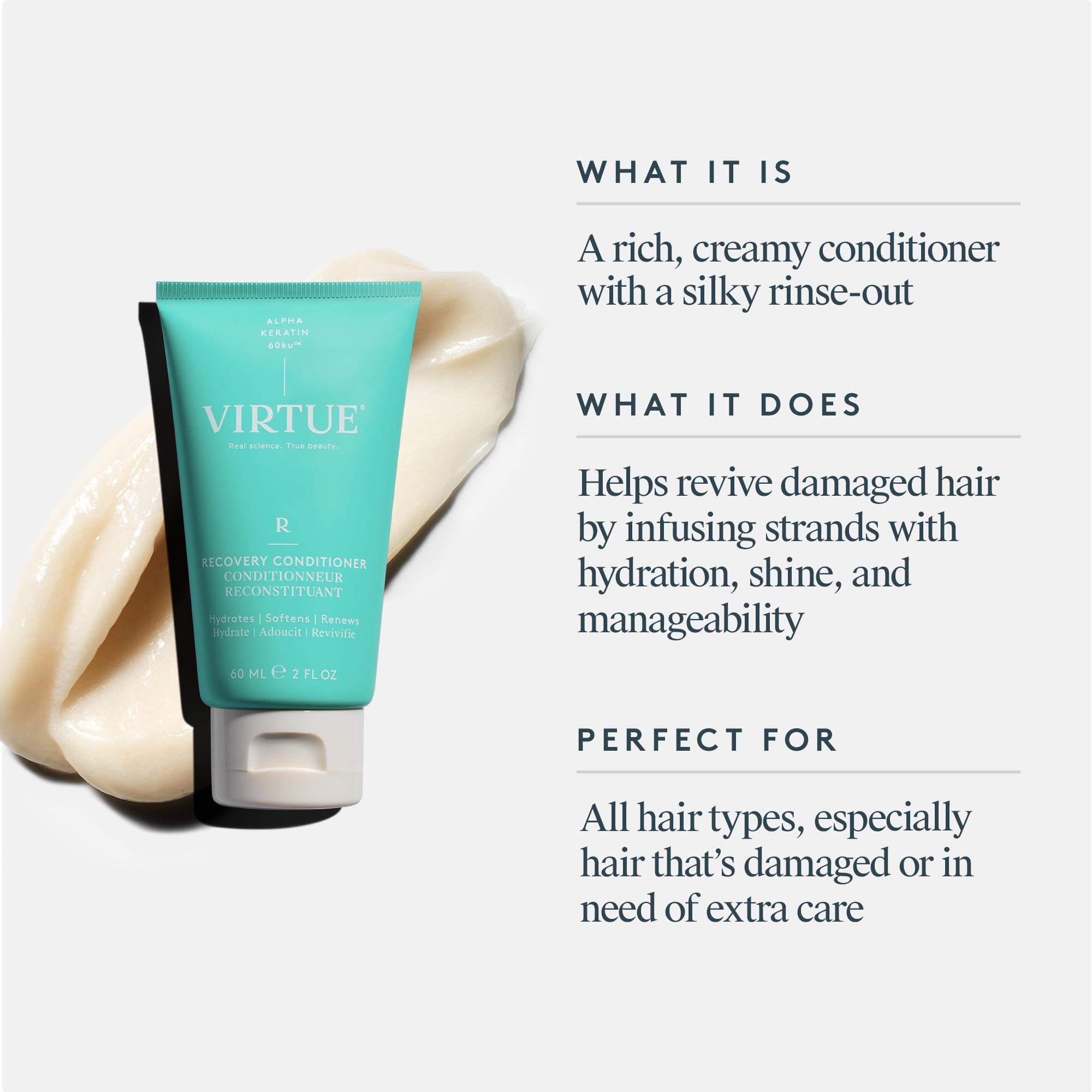 VIRTUE Recovery Conditioner creamy texture gliding through hair for silky rinse-out