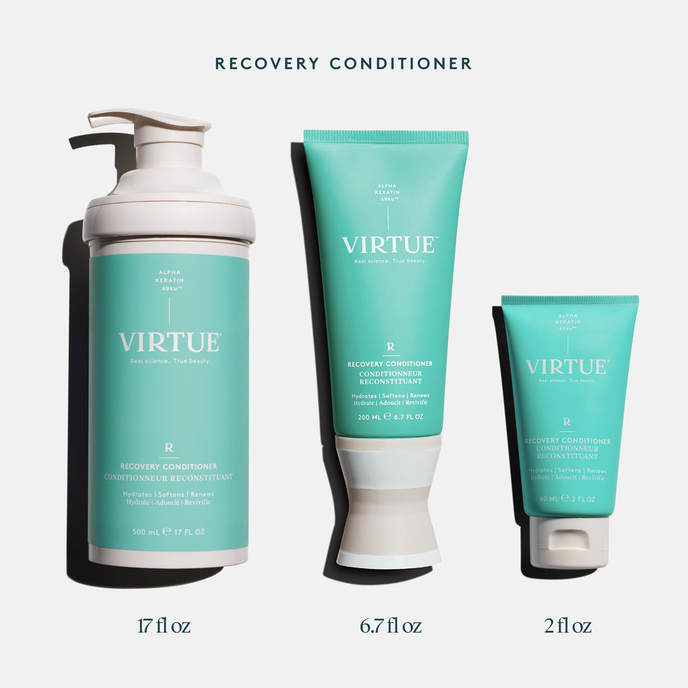 VIRTUE Recovery Conditioner damaged hair before-after comparison hints at smoother, more manageable ends.