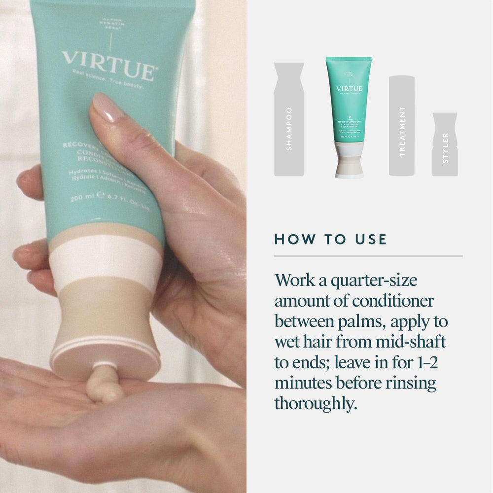 Virtue Recovery Conditioner in-use with comb-ready hair demonstrates detangling ease.