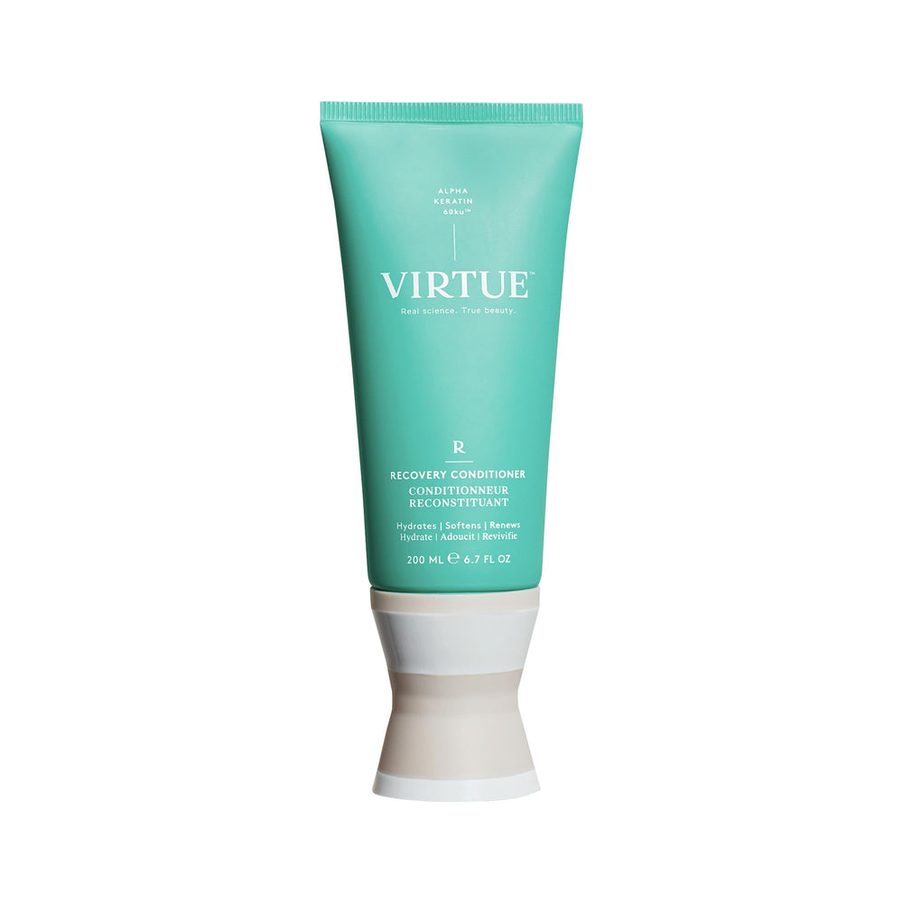 VIRTUE Recovery Conditioner keratin bottle closed delivers rich conditioning and keratin repair for damaged hair.