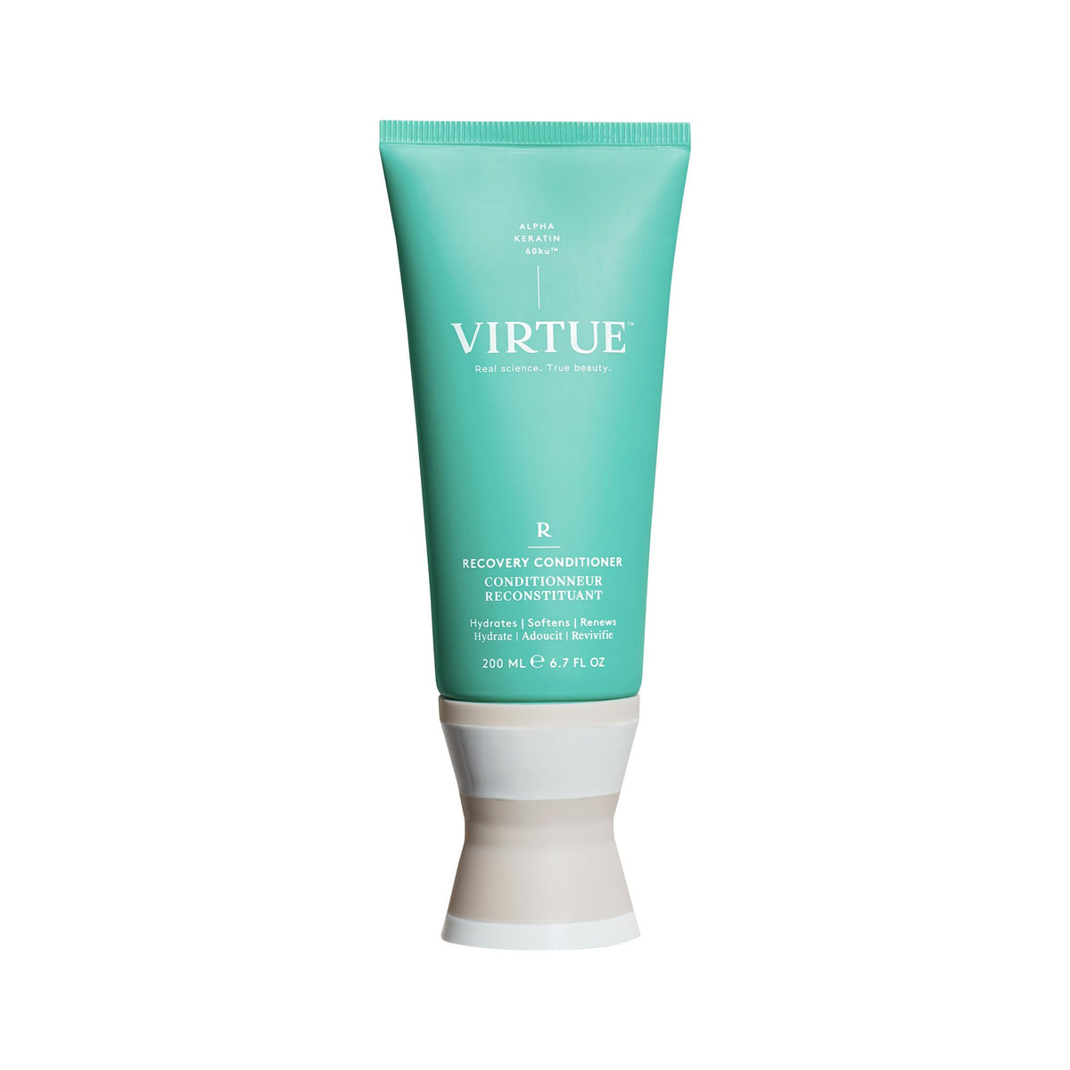 VIRTUE Recovery Conditioner keratin bottle closed delivers rich conditioning and keratin repair for damaged hair.