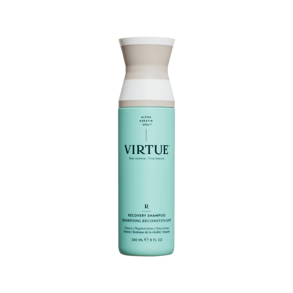 VIRTUE Recovery Shampoo bottle at an angle highlighting color-safe cleansing for treated hair