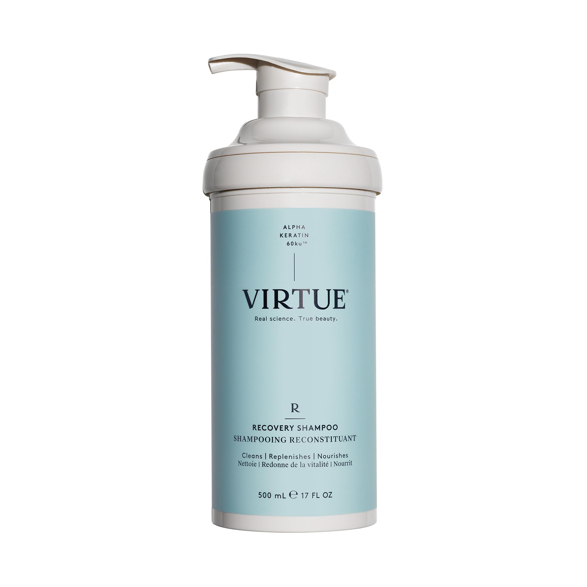 Virtue Recovery Shampoo bottle demonstrates sulfate-free cleansing for color-safe hair.