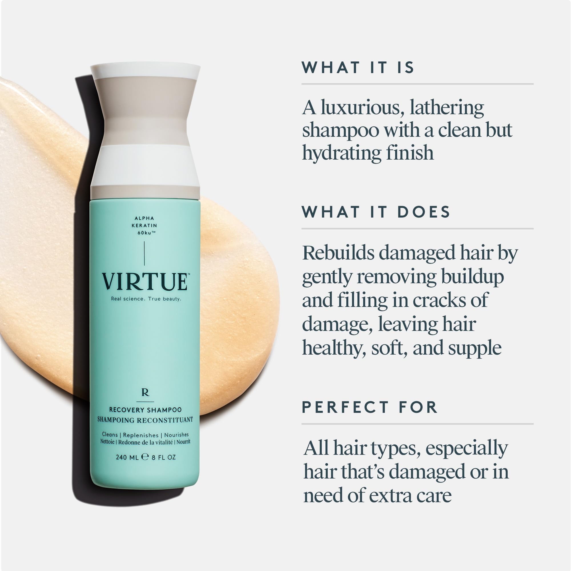 VIRTUE Recovery Shampoo applied to color-treated hair showcasing gentle cleansing