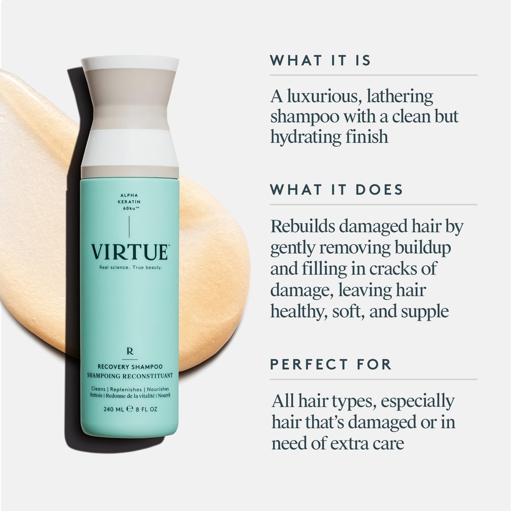VIRTUE Recovery Shampoo applied to color-treated hair showcasing gentle cleansing