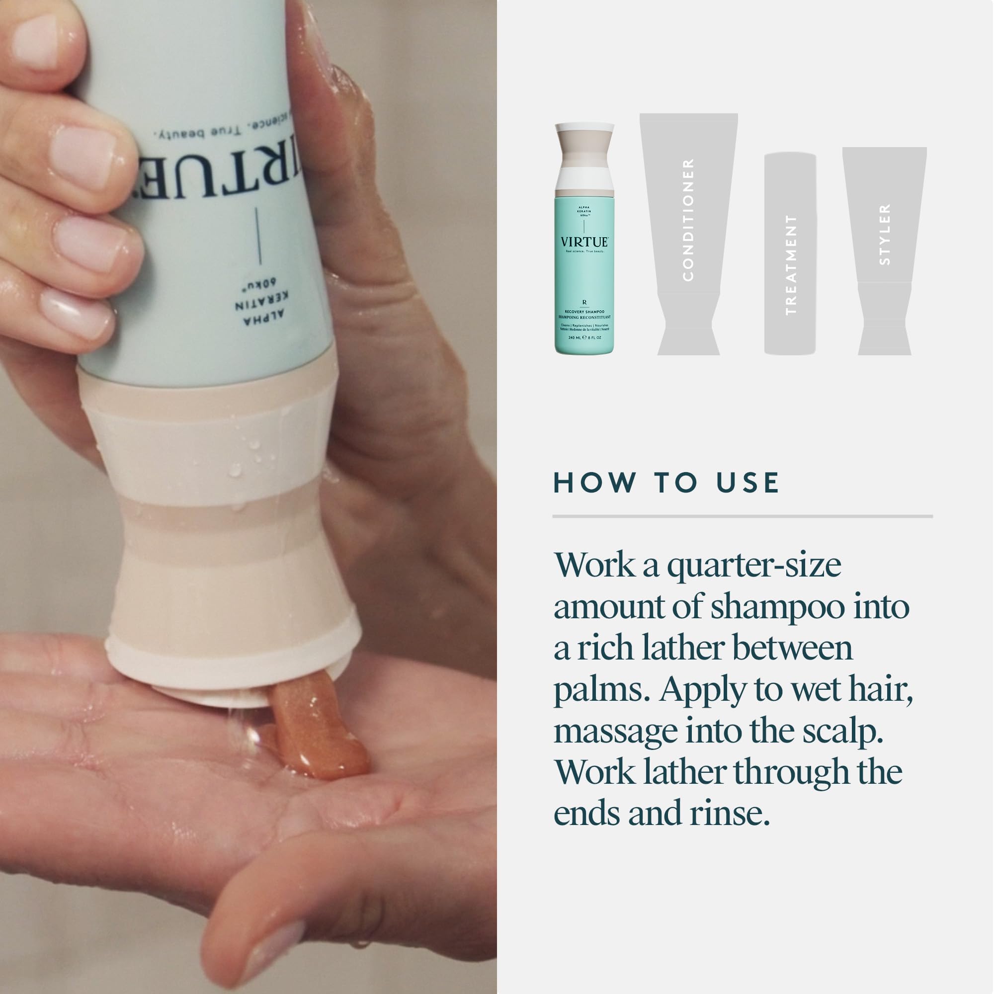 VIRTUE Recovery Shampoo post-wash hair looks smoother and shinier
