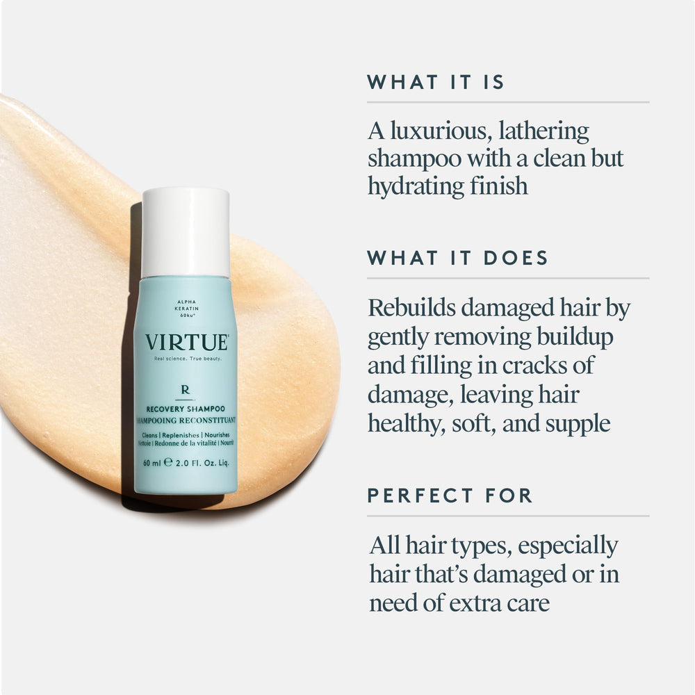 VIRTUE Recovery Shampoo lather close-up showing luxurious foam for gentle cleansing