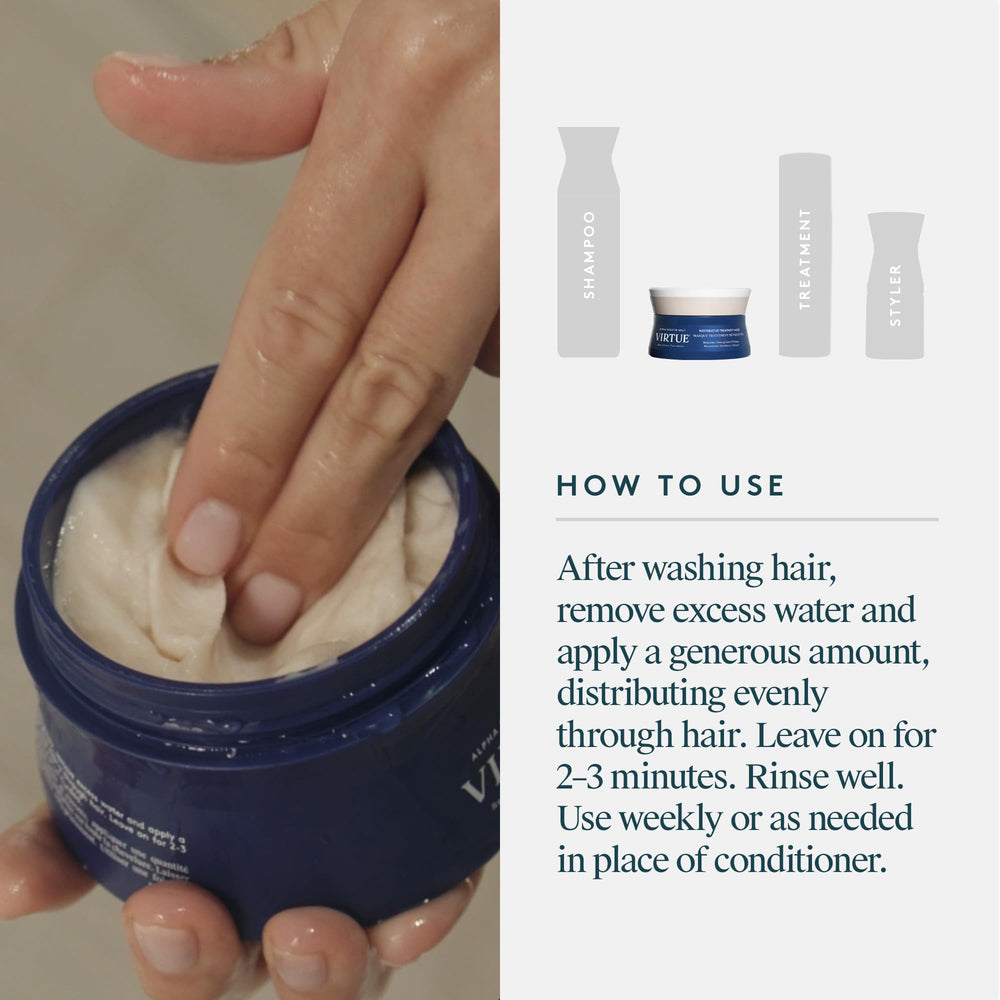 Virtue Restorative Hair Mask color-safe formula protecting vibrant tones.