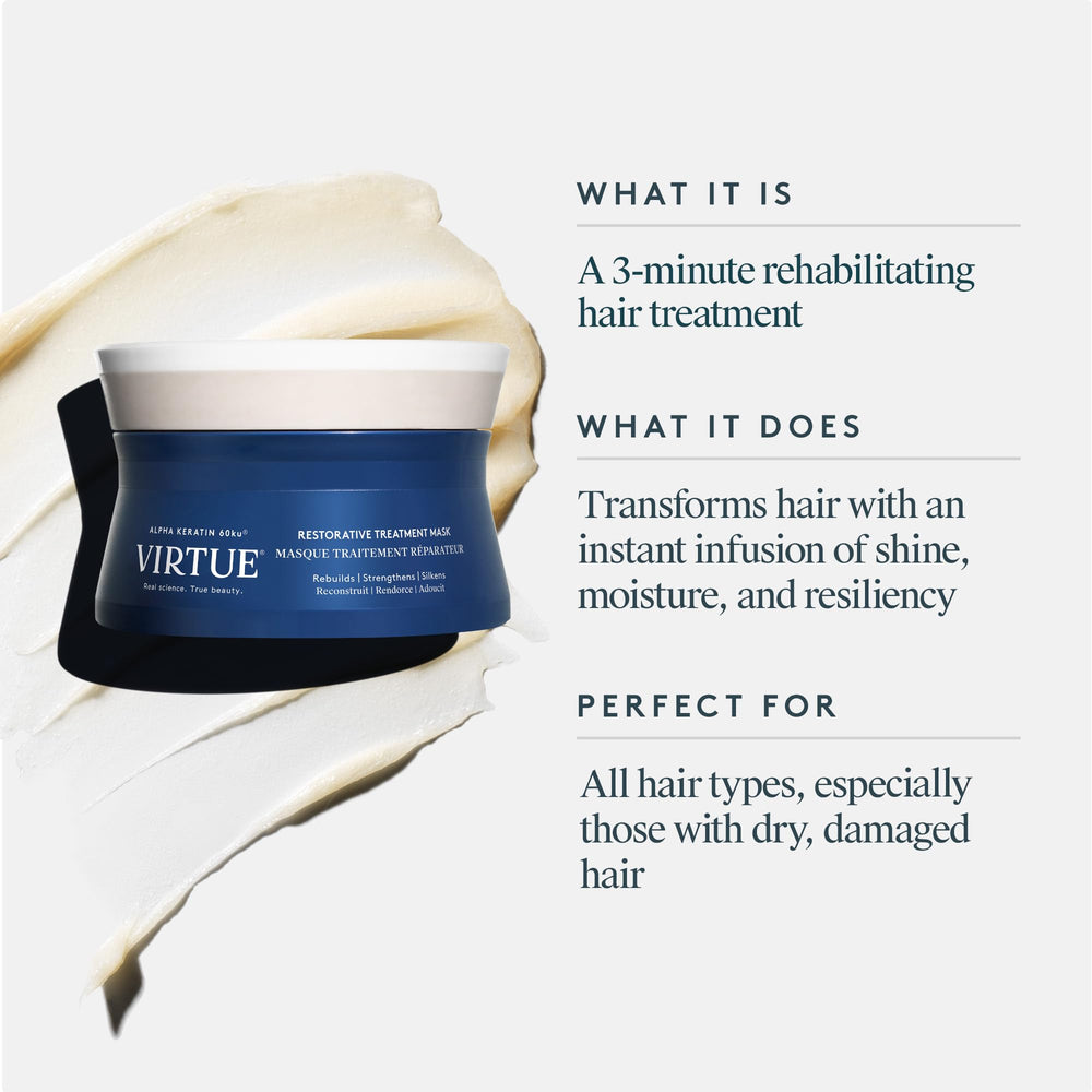 Virtue Restorative Hair Mask dispenser enables easy, precise application for quick repair.