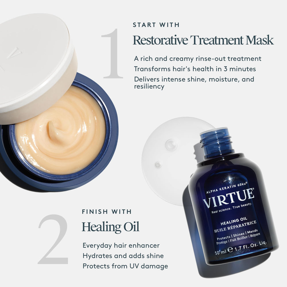 Virtue Restorative Hair Mask in hand conveys personal care and luxury hydration.