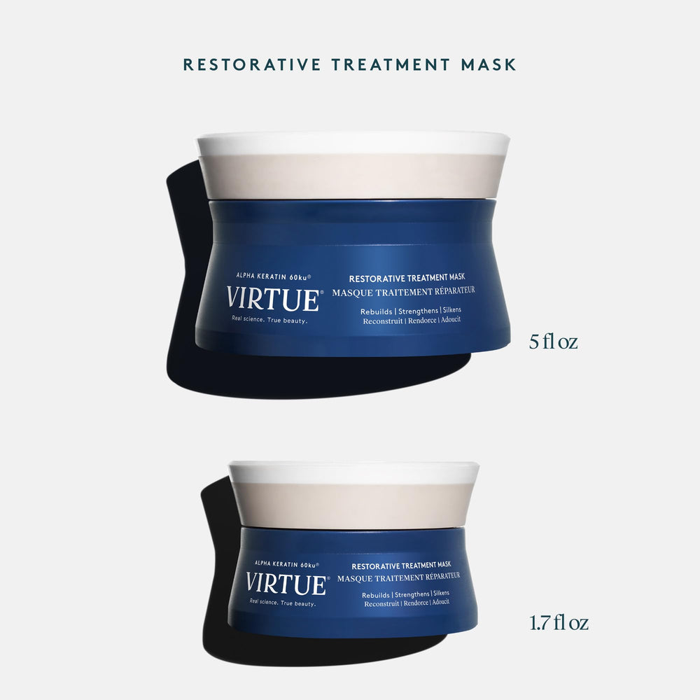 Virtue Restorative Hair Mask jar showing baobab seed oil for hydrated, strengthened hair.