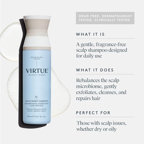 VIRTUE Scalp Remedy Shampoo pour demonstrates easy dispense for daily scalp care.