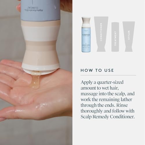VIRTUE Scalp Remedy Ingredients panel hints at microbiome-friendly formulation.