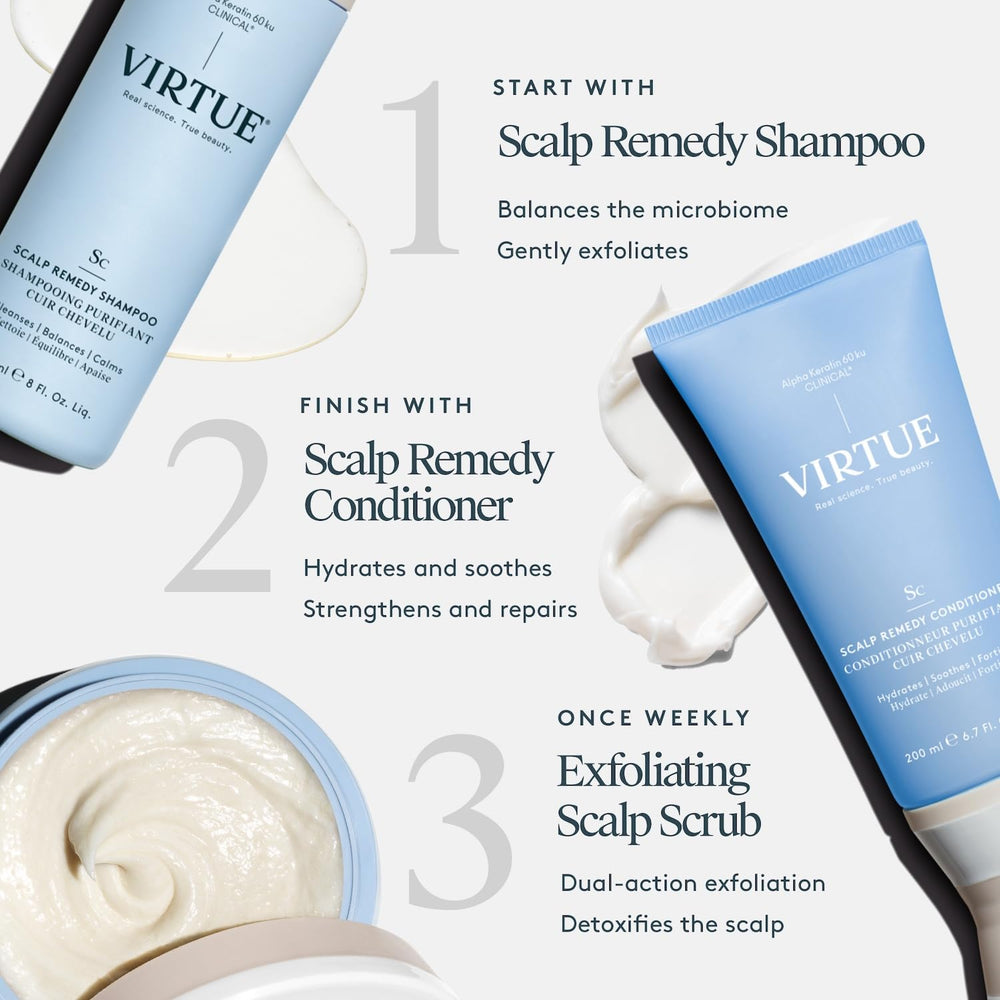 VIRTUE Scalp Remedy label close-up communicates fragrance-free, skin-care-inspired formula