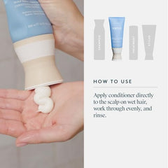 VIRTUE Scalp Remedy rinse-step image emphasizes easy rinse and nourishing finish