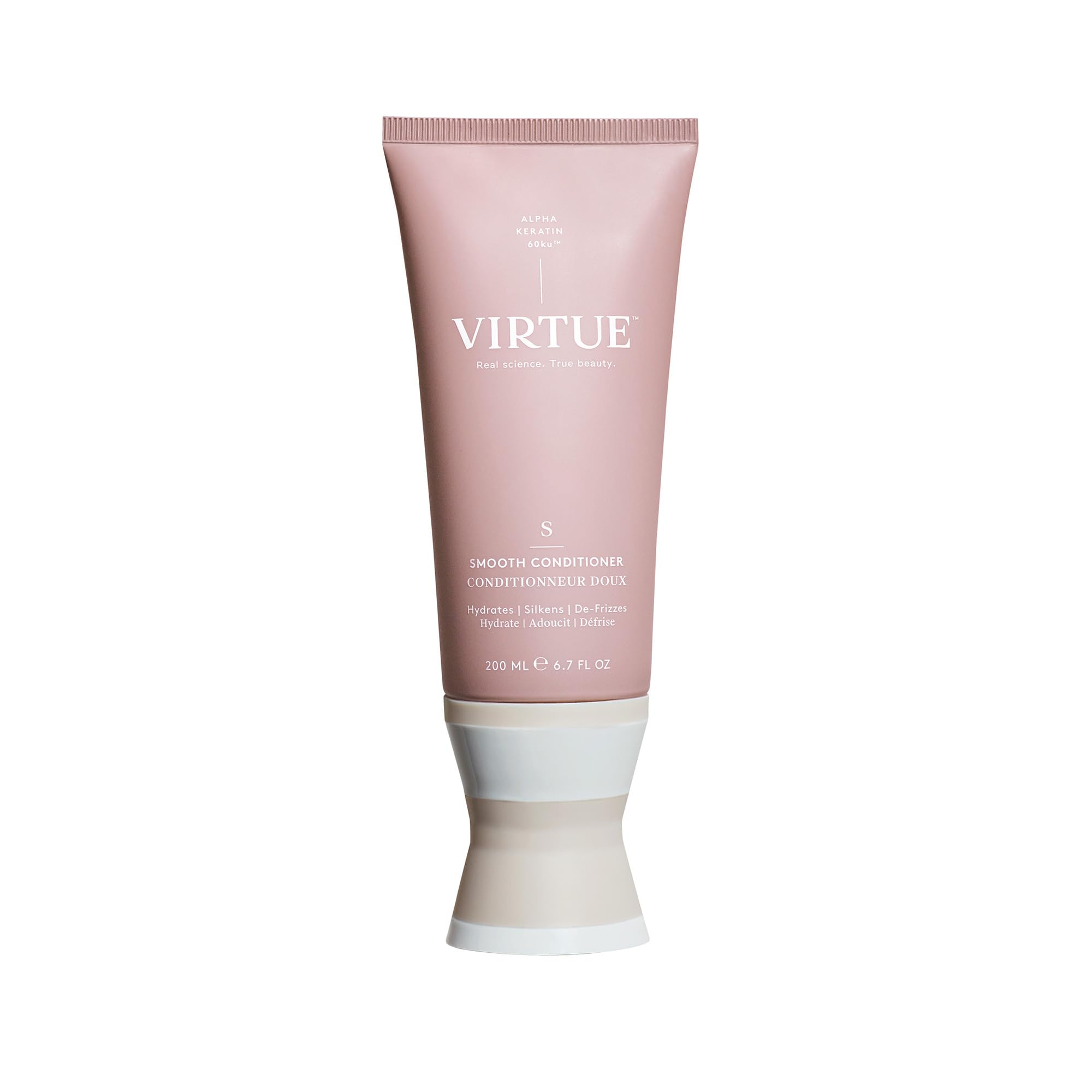 Virtue Smooth Conditioner bottle pours, signaling frizz-control prep in your shower routine.