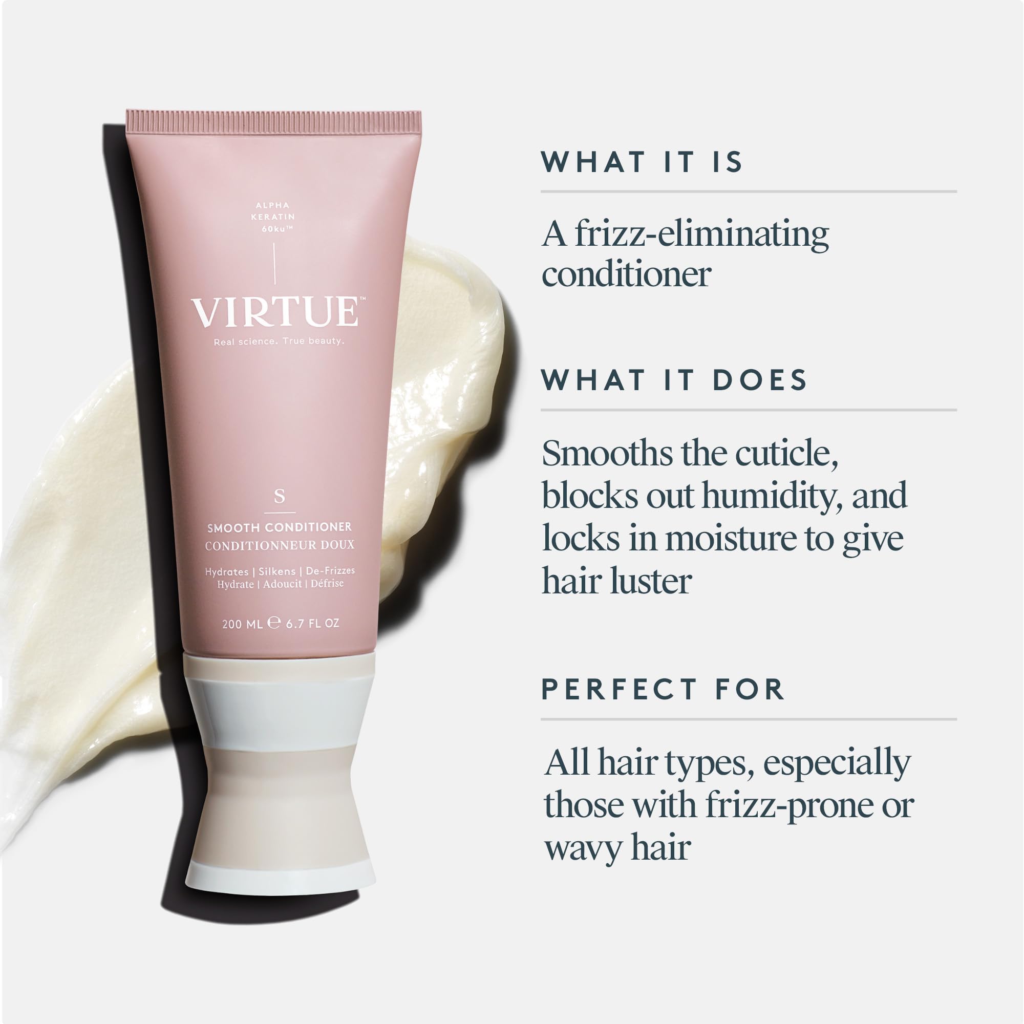 Virtue Smooth Conditioner frizz-control look demonstrates smoother, more manageable curls.