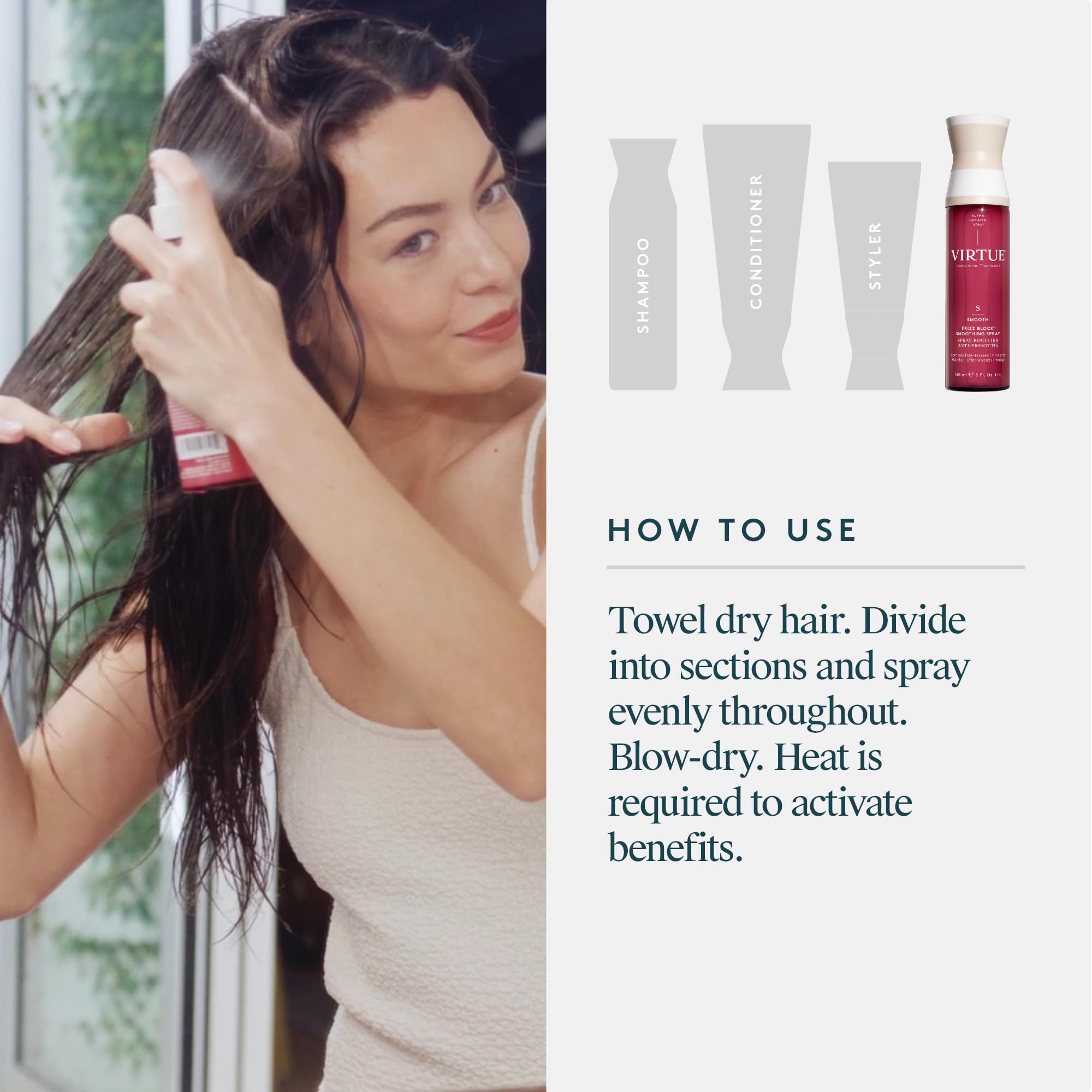 VIRTUE Smooth Frizz Block spray is ideal before styling