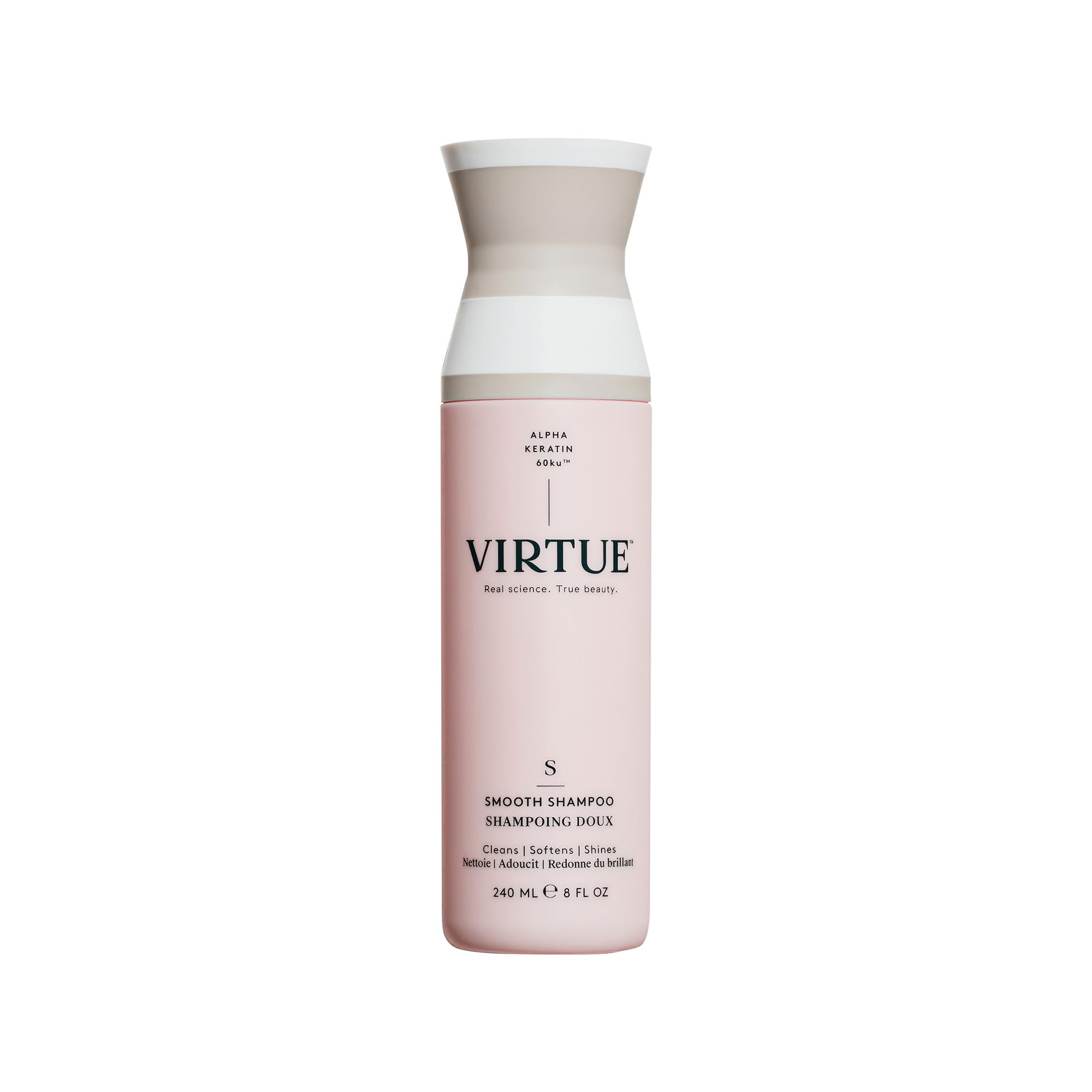 VIRTUE Smooth Shampoo bottle front shows frizz-control formula for textured hair.