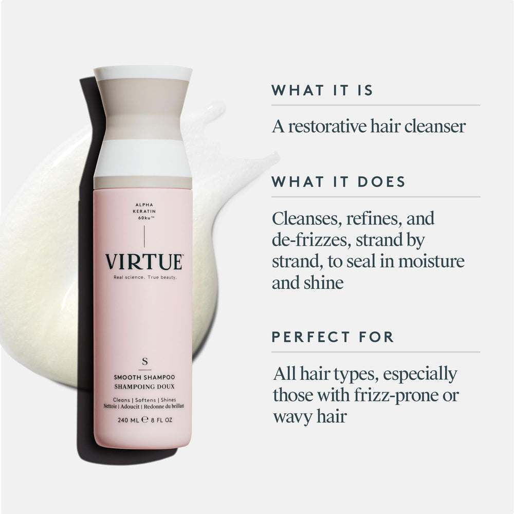 VIRTUE Smooth Shampoo fragrance notes feature lavender and mint for refreshing rituals.