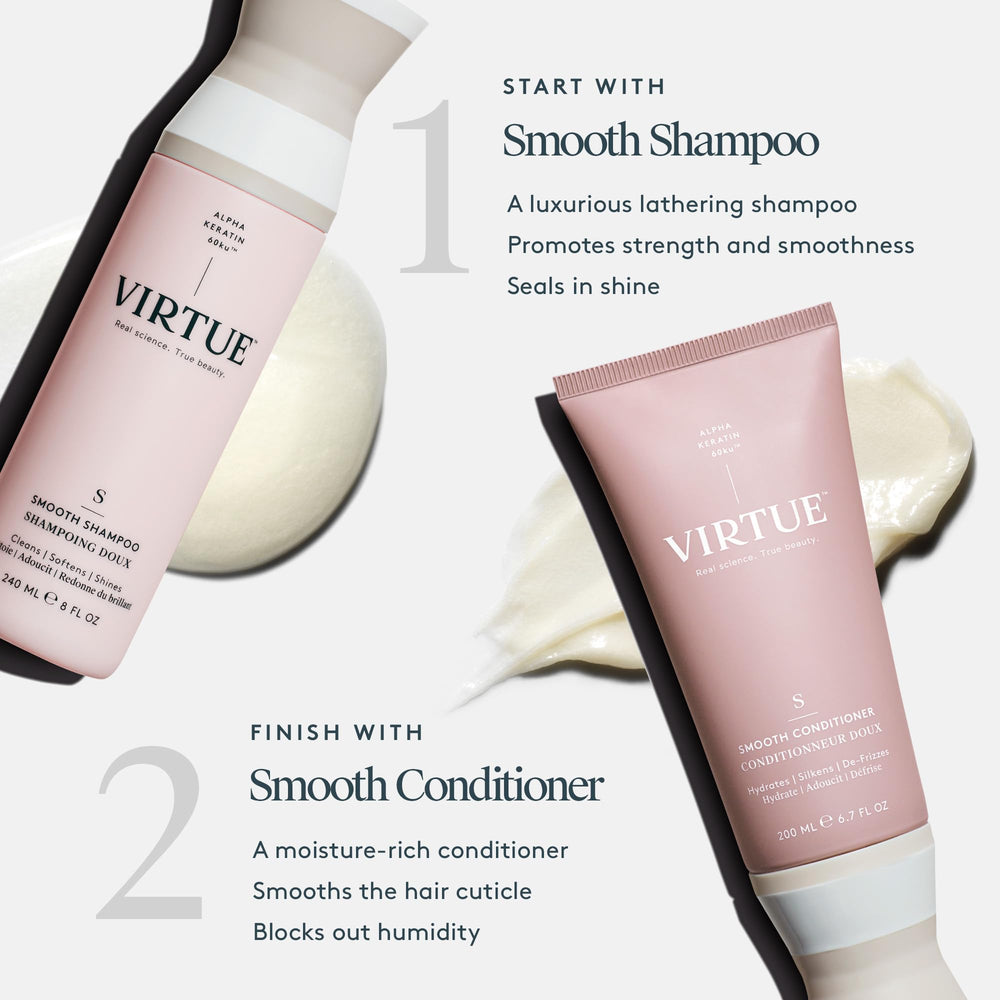 VIRTUE Smooth Shampoo sulfate-free icon communicates gentle cleansing for daily use.