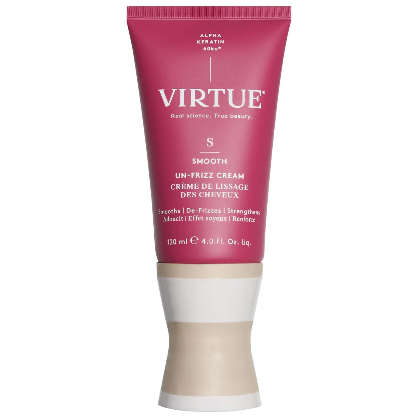 Virtue Un-Frizz bottle pour demonstrates easy frizz control