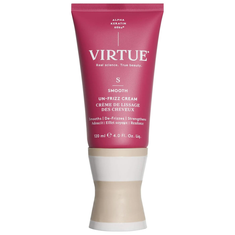 Virtue Un-Frizz bottle pour demonstrates easy frizz control