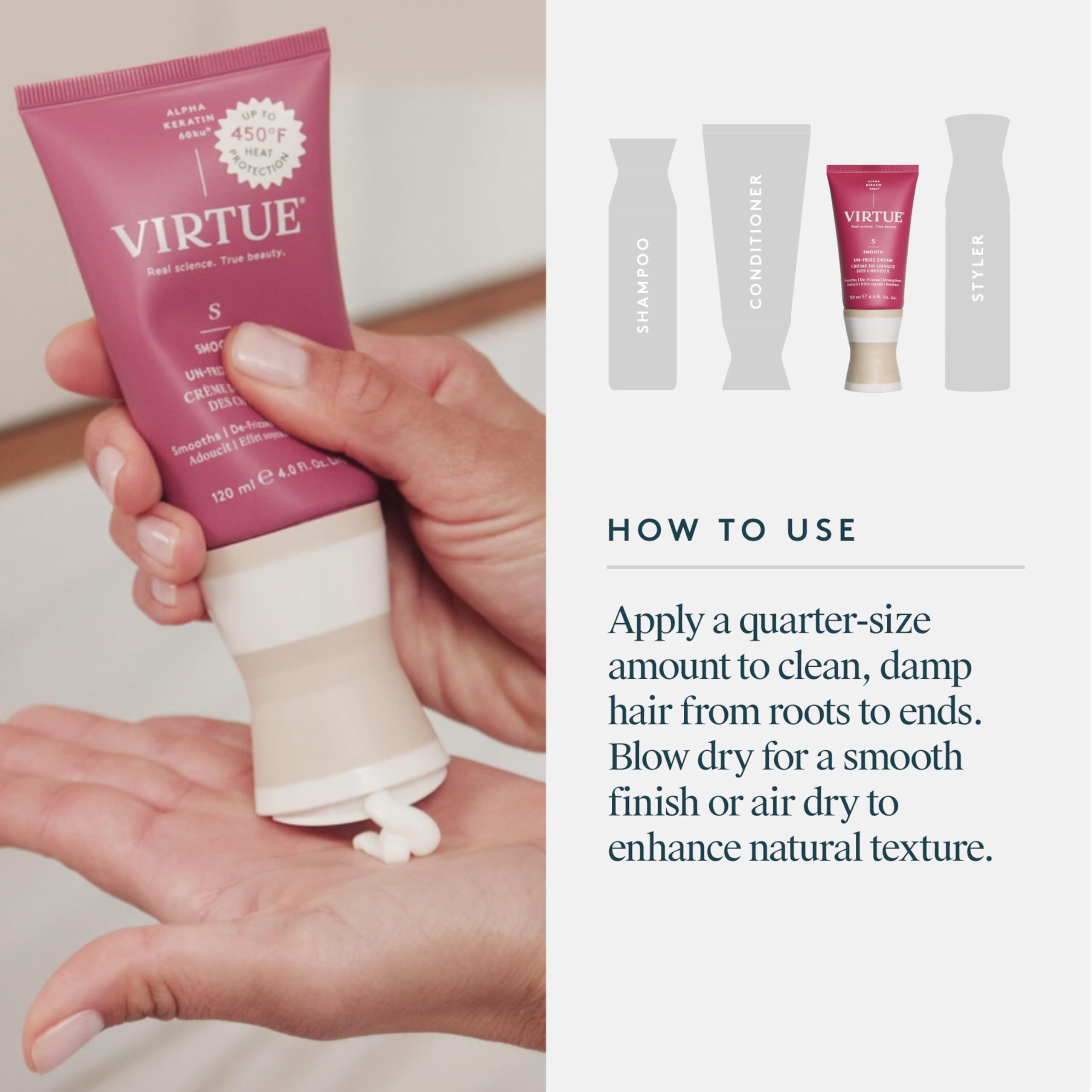 Virtue Un-Frizz color-safe formula applied to color-treated hair.