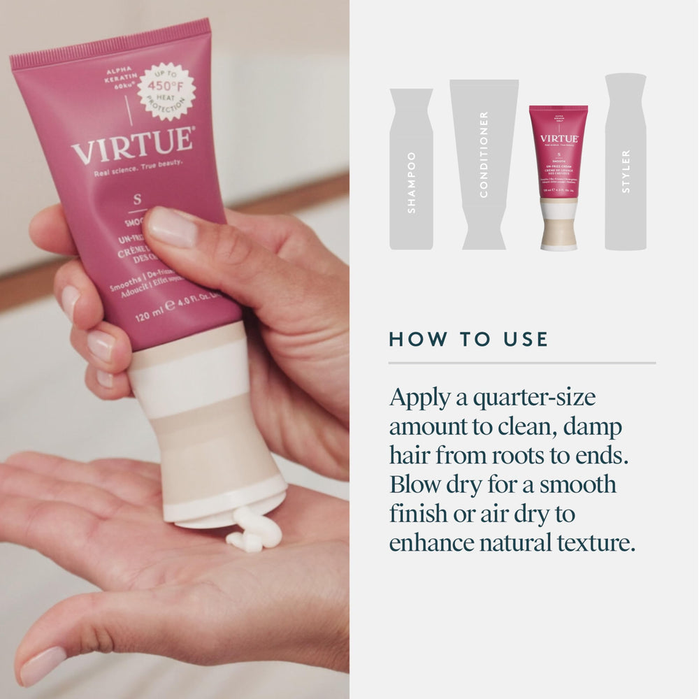 Virtue Un-Frizz color-safe formula applied to color-treated hair.