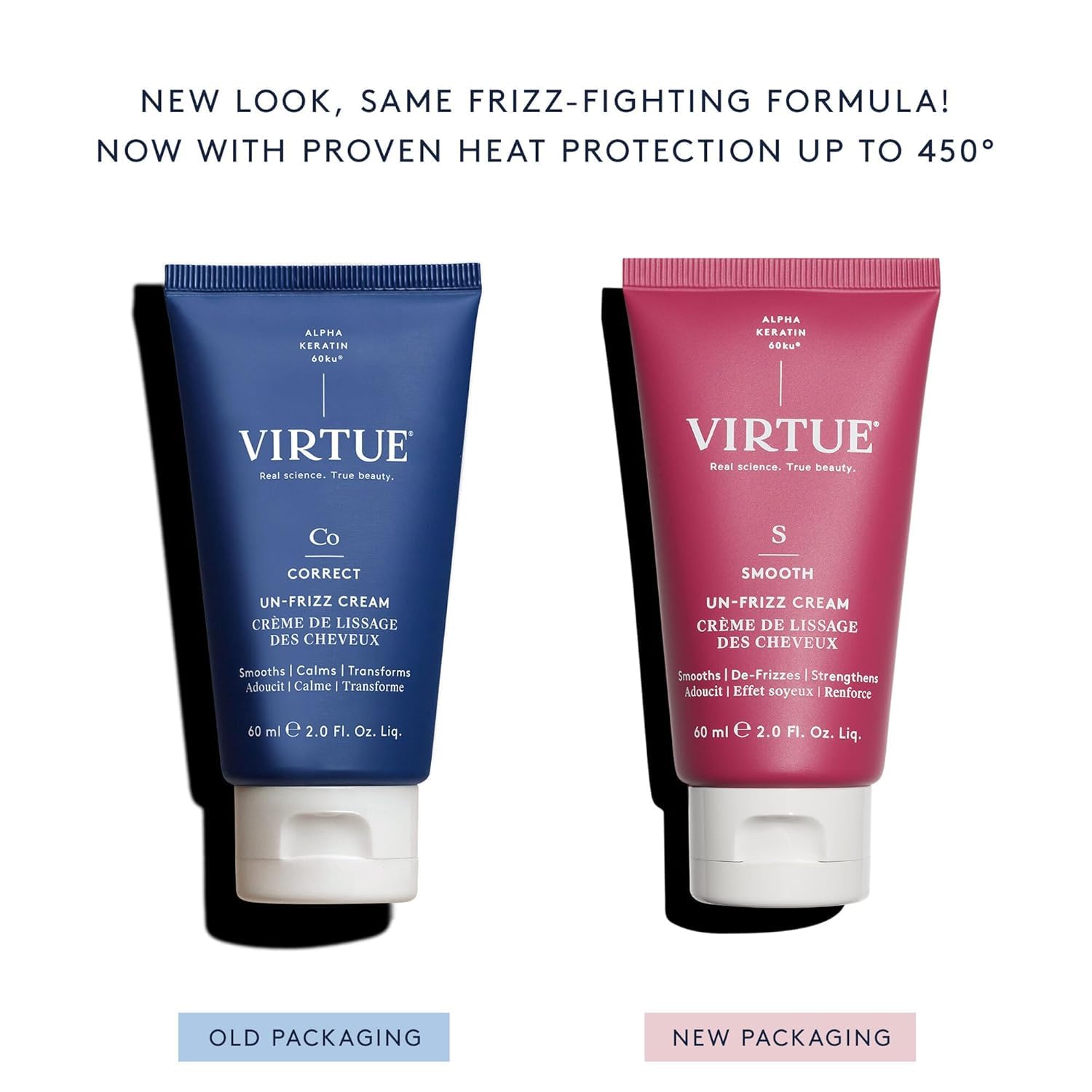 Virtue Un-Frizz color-safe packaging highlights color-treated suitability