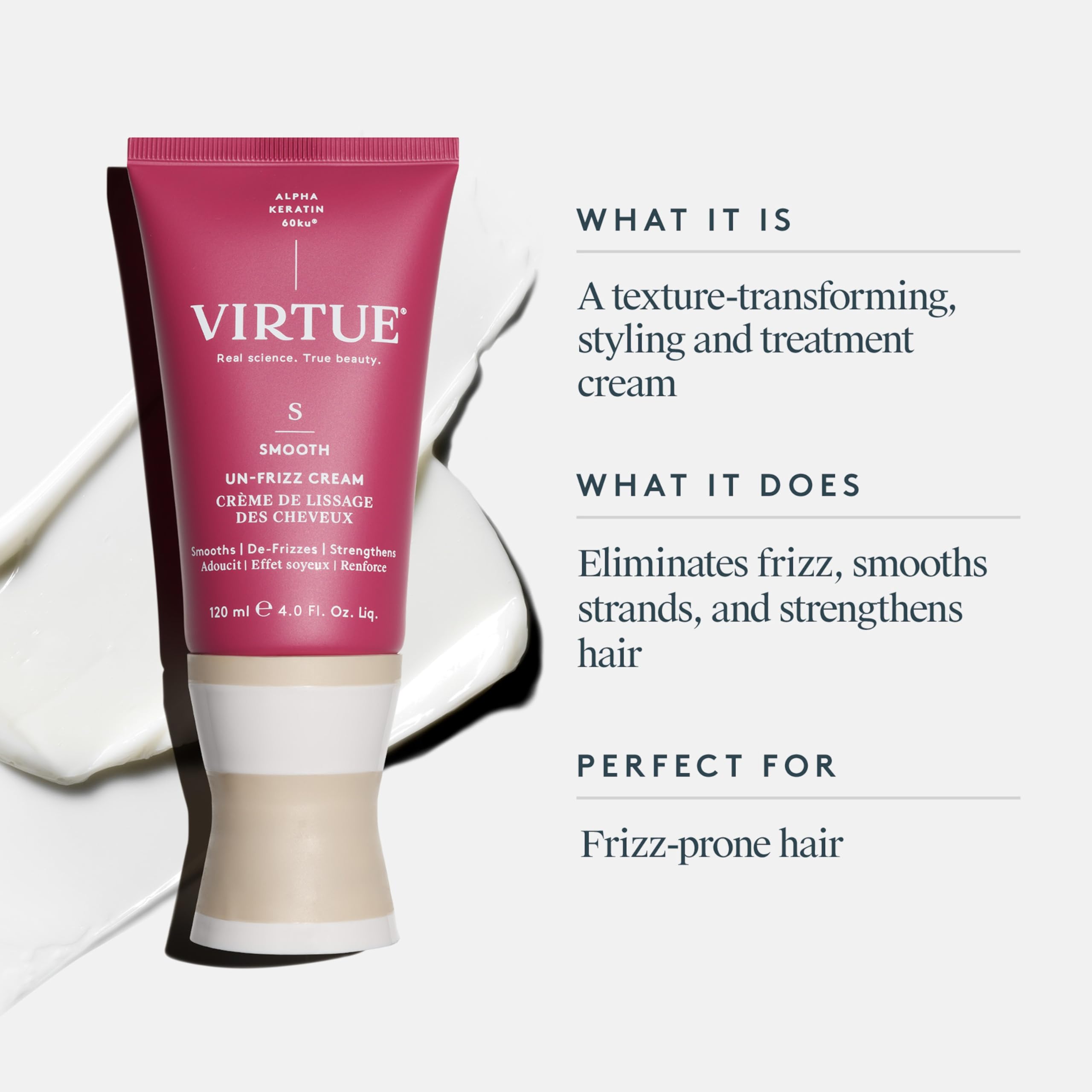 Virtue Un-Frizz cream texture swatch shows smooth finish
