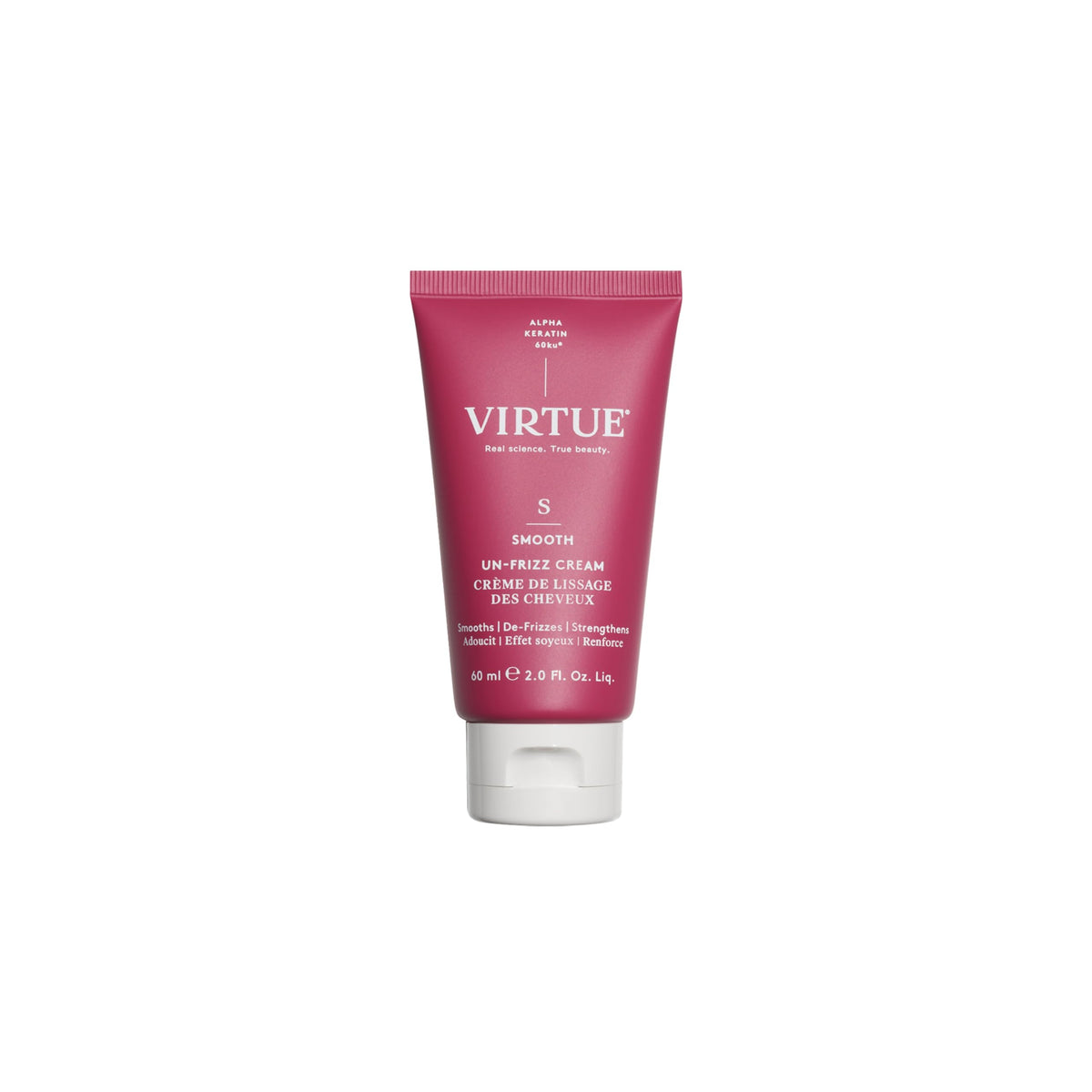 Virtue Un-Frizz leave-in bottle closeup for smooth frizz control in humidity.